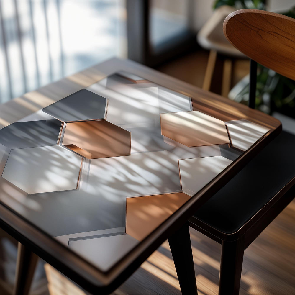 Geometric wall art with hexagonal shapes in metallic colors on a white background, as a premium aluminum metal print from GoMetalPrint.
