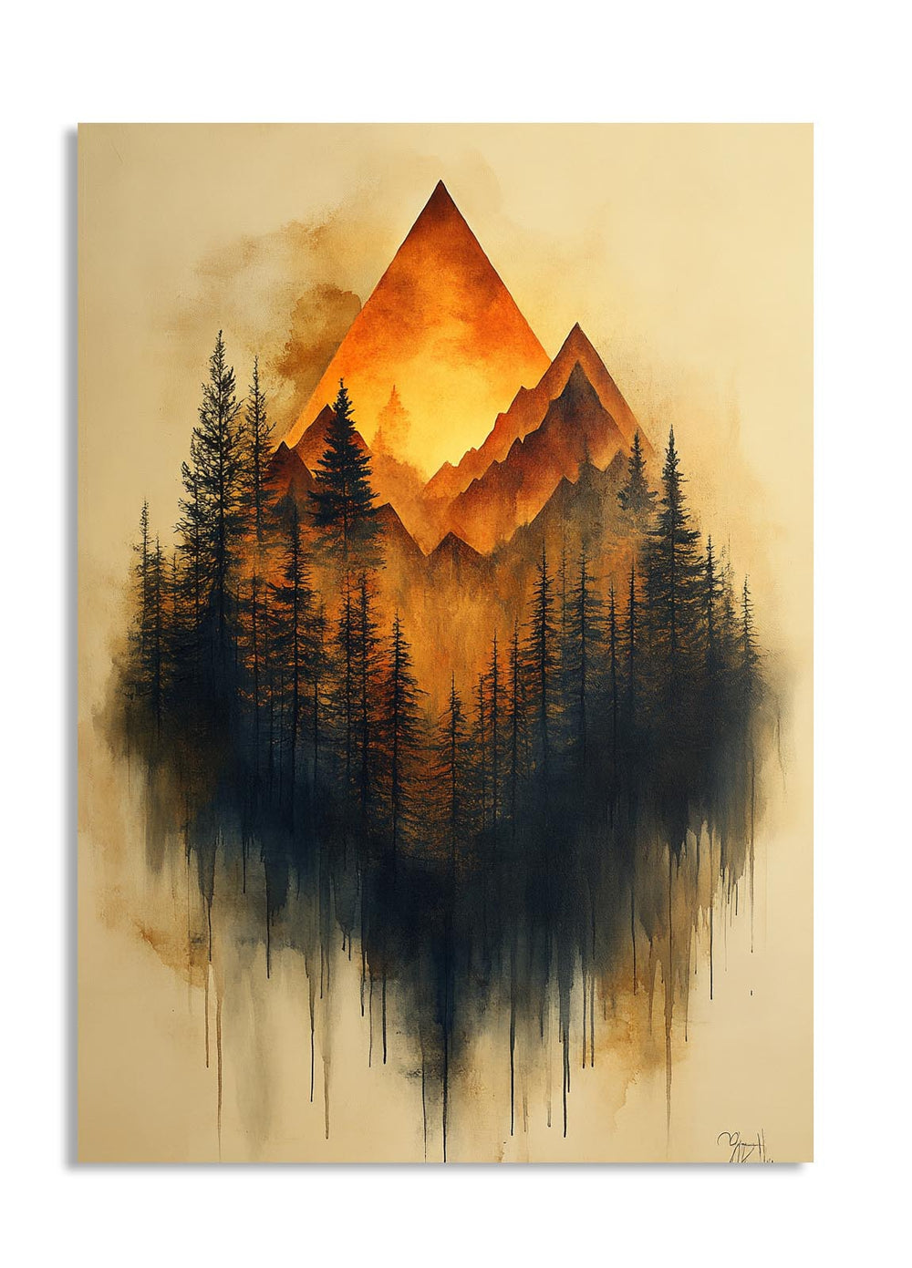 Painting of a mountain with trees reflected in water on a beige background, as a premium aluminum metal print from GoMetalPrint.
