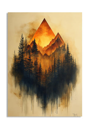 Painting of a mountain with trees reflected in water on a beige background, as a premium aluminum metal print from GoMetalPrint.
