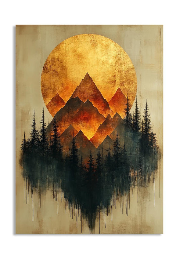 Artistic depiction of mountains and trees with a golden sun in the background on a textured beige background, as a premium aluminum metal print from GoMetalPrint.
