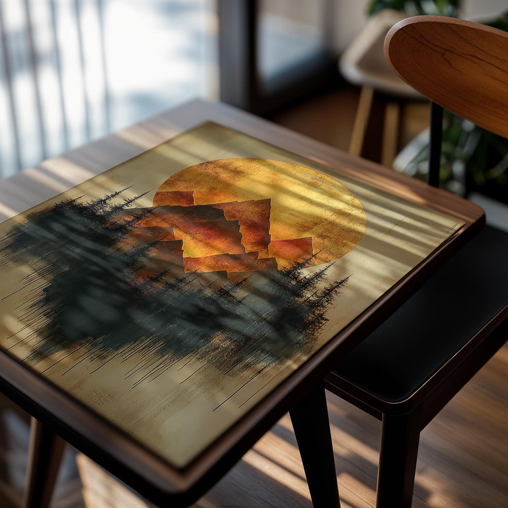 Artistic depiction of mountains and trees with a golden sun in the background on a textured beige background, as a premium aluminum metal print from GoMetalPrint.
