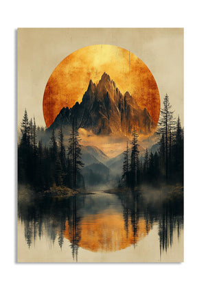 Mountain landscape with a large orange sun reflection in water, surrounded by trees, as a premium aluminum metal print from GoMetalPrint.
