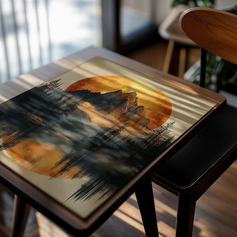 Mountain landscape with a large orange sun reflection in water, surrounded by trees, as a premium aluminum metal print from GoMetalPrint.
