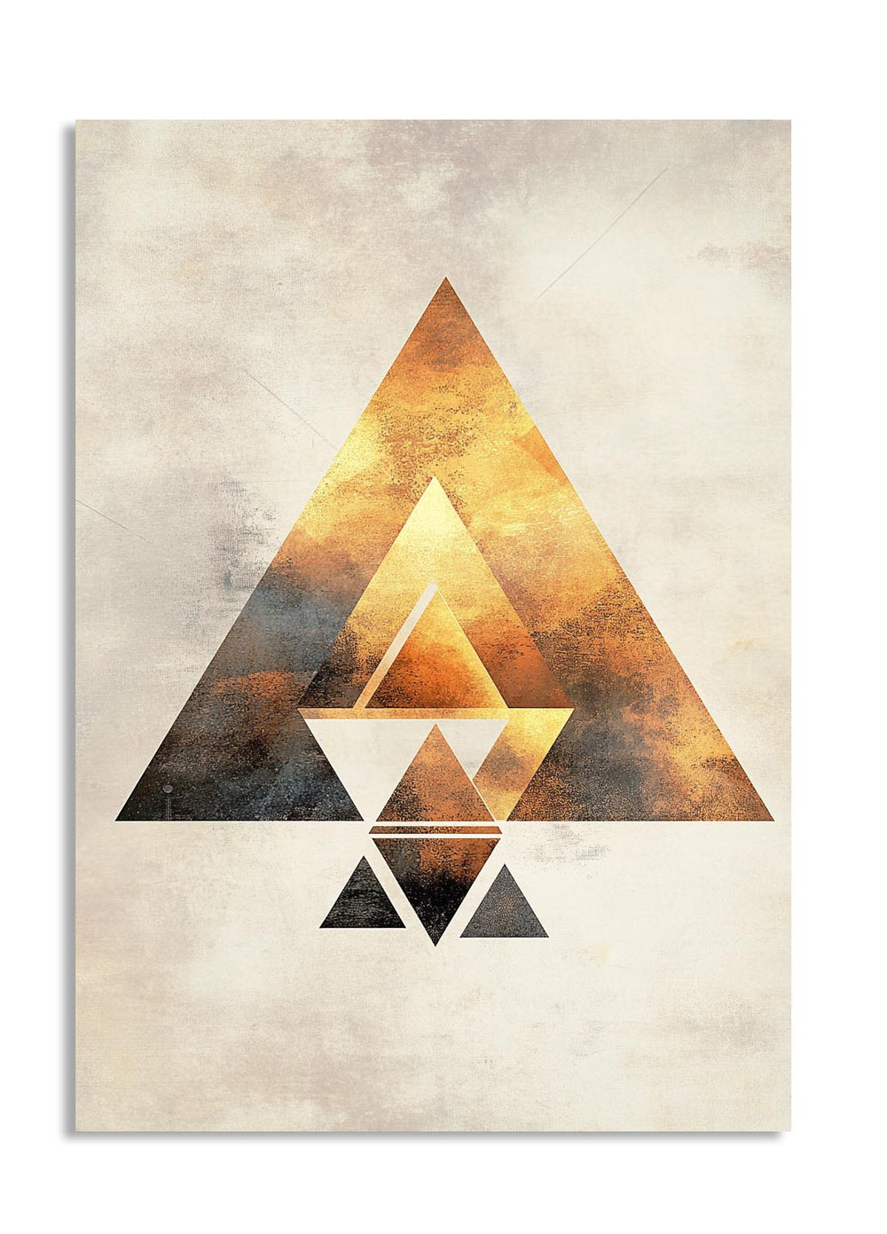 Geometric design of triangles on a textured beige background, as a premium aluminum metal print from GoMetalPrint.
