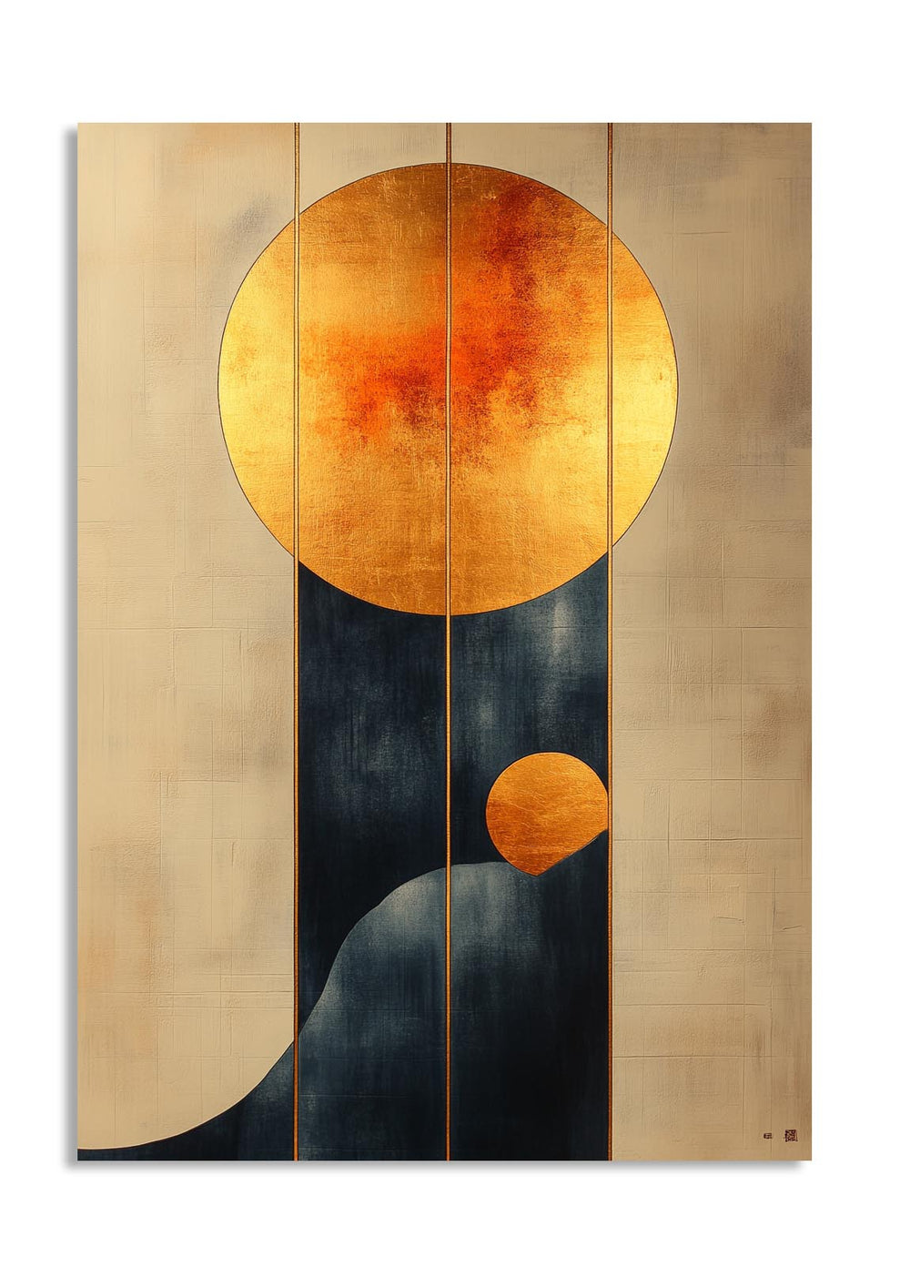 Abstract art piece with circular shapes on a beige background, as a premium aluminum metal print from GoMetalPrint.
