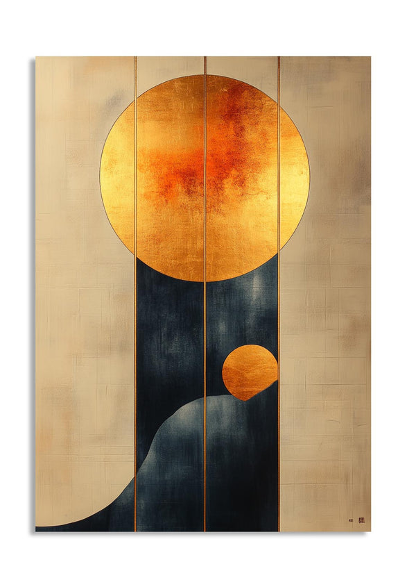 Abstract art piece with circular shapes on a beige background, as a premium aluminum metal print from GoMetalPrint.
