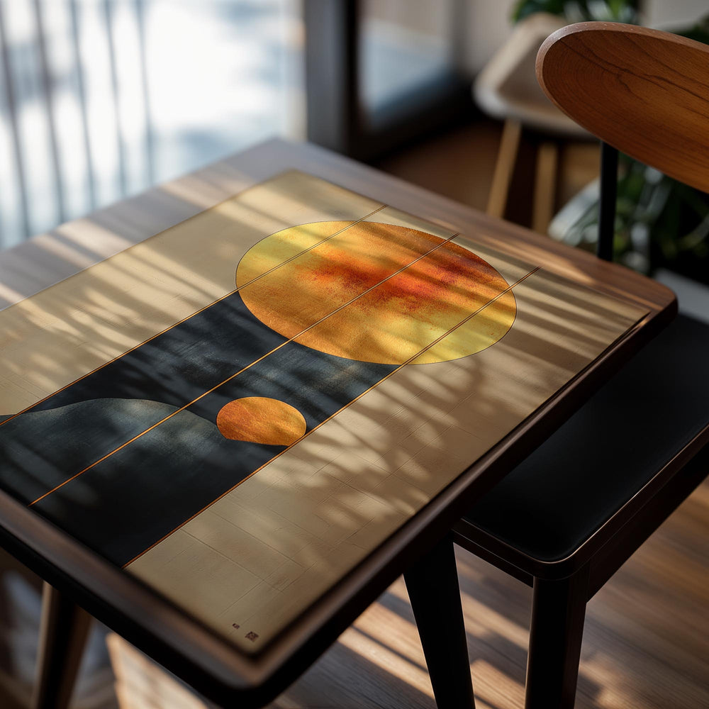 Abstract art piece with circular shapes on a beige background, as a premium aluminum metal print from GoMetalPrint.
