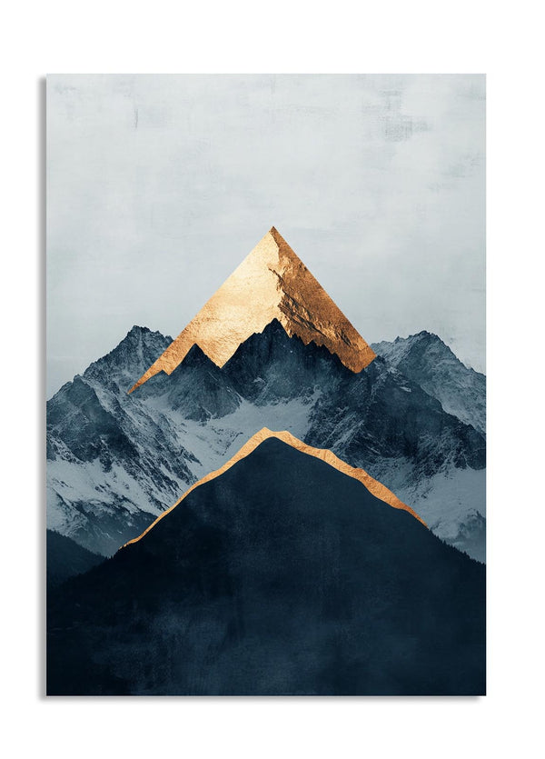Art print of mountains with a gold peak on a light gray background, as a premium aluminum metal print from GoMetalPrint.
