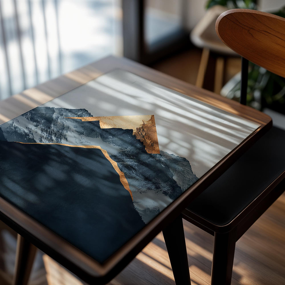 Art print of mountains with a gold peak on a light gray background, as a premium aluminum metal print from GoMetalPrint.
