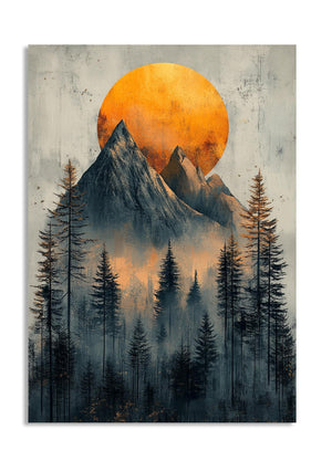 Painting of a mountain landscape with a large orange sun and trees, as a premium aluminum metal print from GoMetalPrint.
