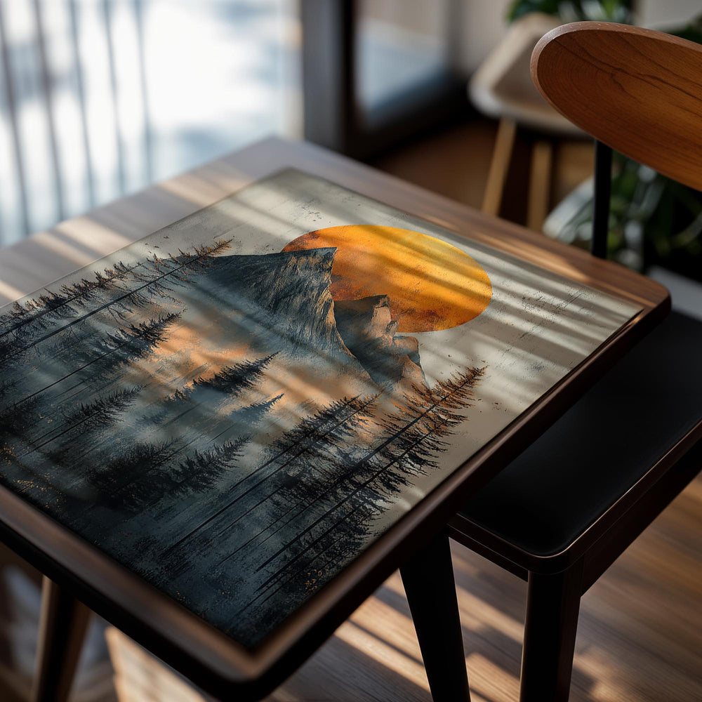 Painting of a mountain landscape with a large orange sun and trees, as a premium aluminum metal print from GoMetalPrint.
