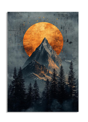 Mountain landscape with a large orange moon in a dark blue sky, as a premium aluminum metal print from GoMetalPrint.
