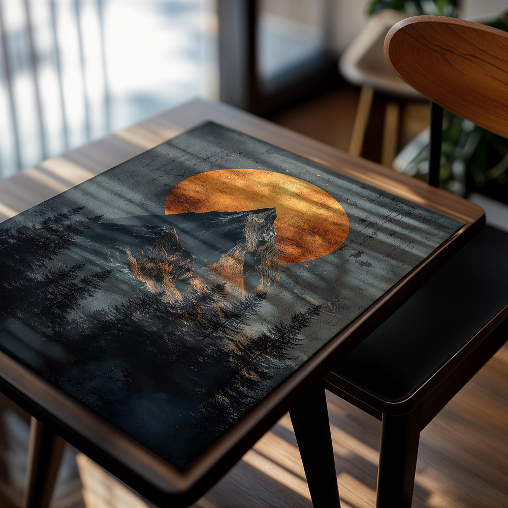 Mountain landscape with a large orange moon in a dark blue sky, as a premium aluminum metal print from GoMetalPrint.
