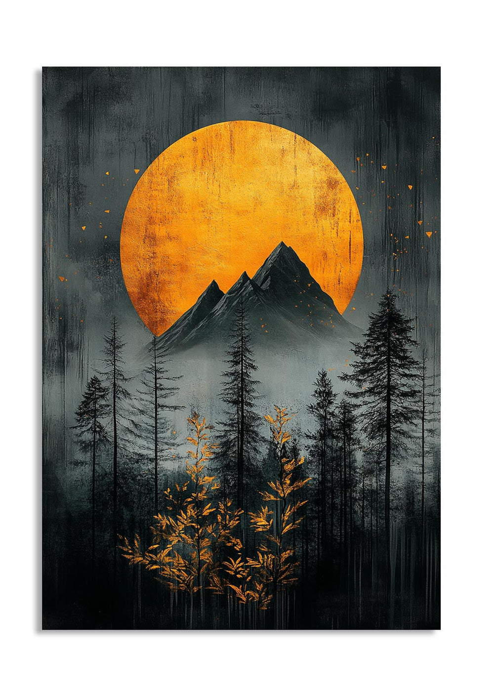 Art print of a mountain landscape with a large orange sun and dark trees, as a premium aluminum metal print from GoMetalPrint.
