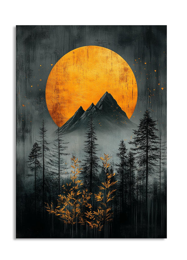 Art print of a mountain landscape with a large orange sun and dark trees, as a premium aluminum metal print from GoMetalPrint.
