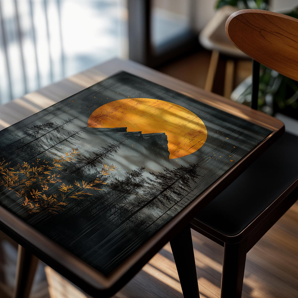 Art print of a mountain landscape with a large orange sun and dark trees, as a premium aluminum metal print from GoMetalPrint.
