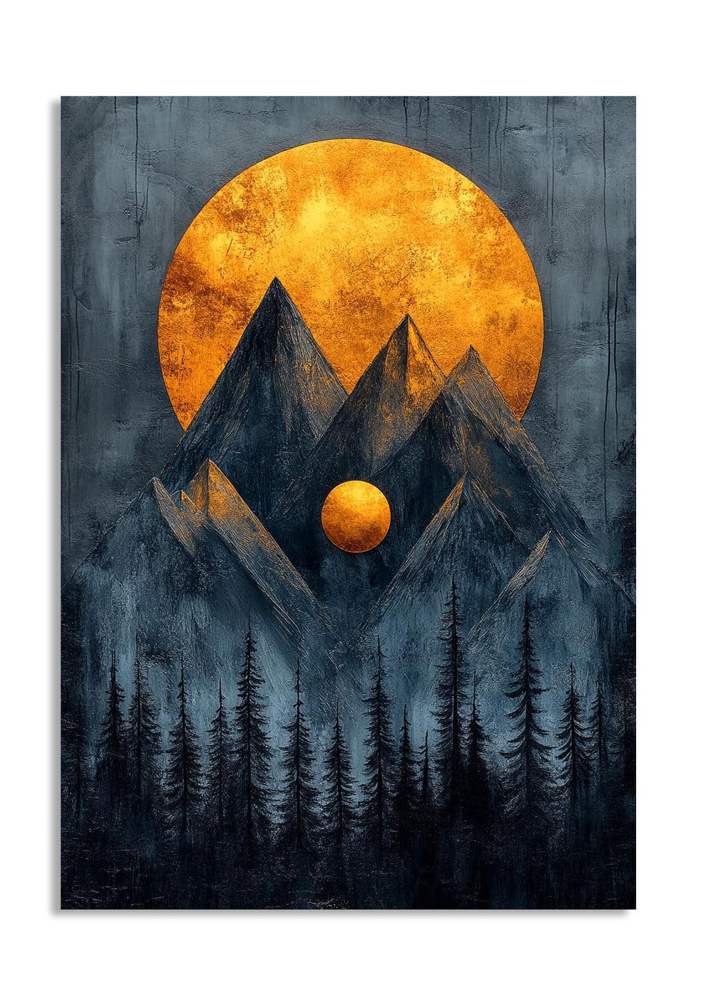 Artistic depiction of mountains and trees with a large orange sun in the sky, as a premium aluminum metal print from GoMetalPrint.
