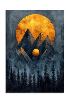 Artistic depiction of mountains and trees with a large orange sun in the sky, as a premium aluminum metal print from GoMetalPrint.
