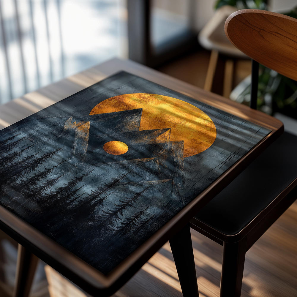 Artistic depiction of mountains and trees with a large orange sun in the sky, as a premium aluminum metal print from GoMetalPrint.
