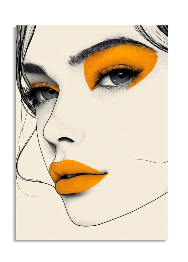 Artistic illustration of a face with orange makeup on a beige background, as a premium aluminum metal print from GoMetalPrint.
