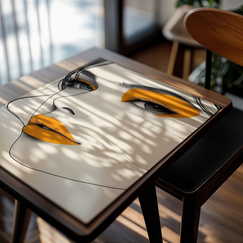 Artistic illustration of a face with orange makeup on a beige background, as a premium aluminum metal print from GoMetalPrint.
