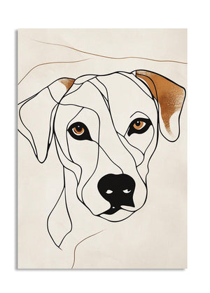 Artistic line drawing of a dog's face on a beige background, as a premium aluminum metal print from GoMetalPrint.
