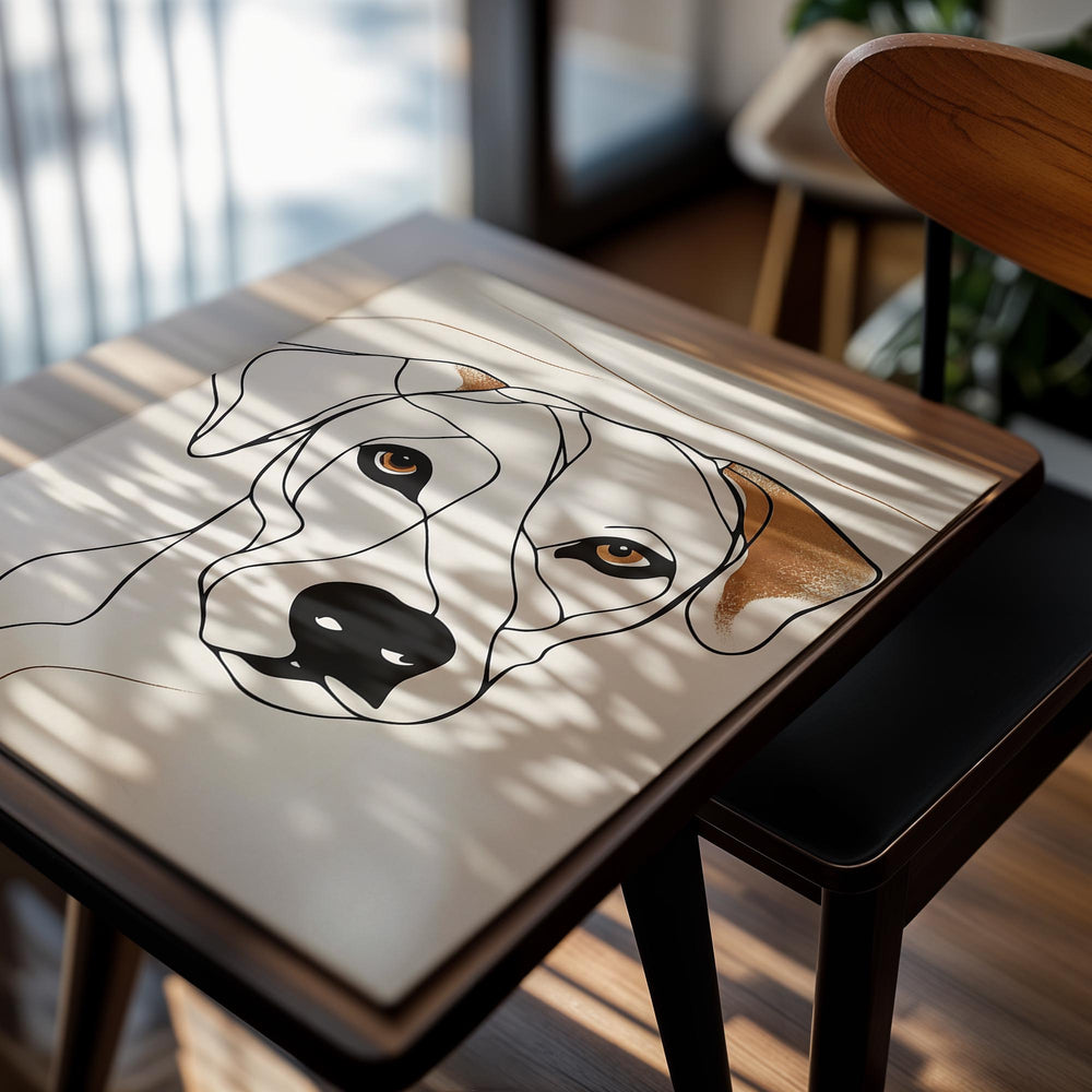 Artistic line drawing of a dog's face on a beige background, as a premium aluminum metal print from GoMetalPrint.
