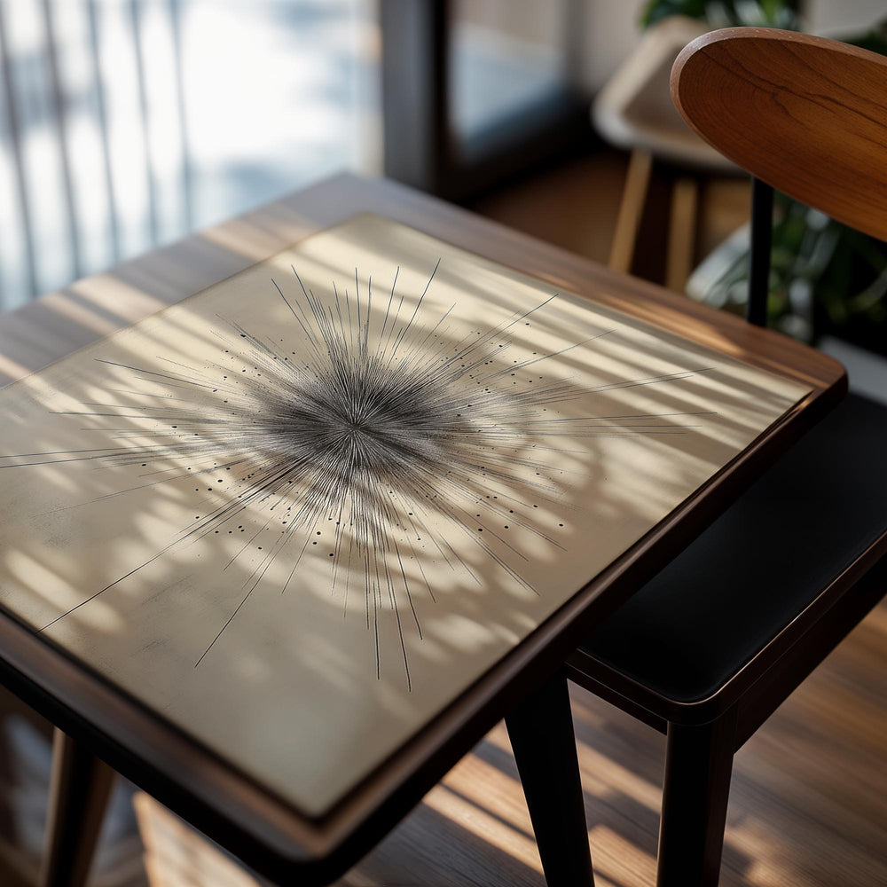 Abstract art piece with放射性线条 on a beige background, as a premium aluminum metal print from GoMetalPrint.
