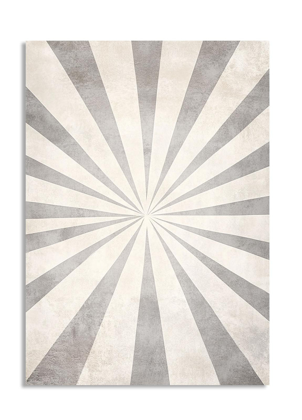 Rug with sunburst pattern in gray and white on a white background, as a premium aluminum metal print from GoMetalPrint.

