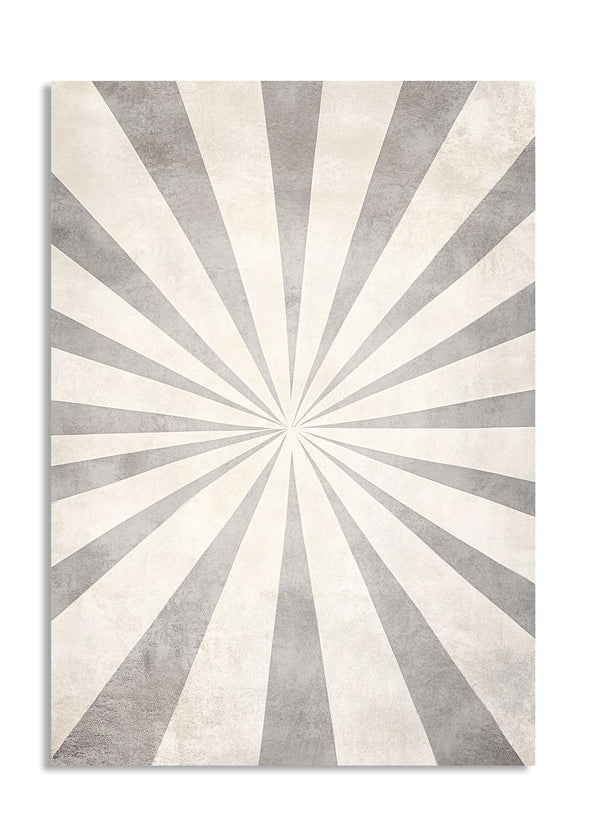 Rug with sunburst pattern in gray and white on a white background, as a premium aluminum metal print from GoMetalPrint.
