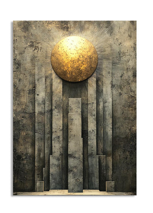 Abstract art piece with a gold circular element and textured gray panels, as a premium aluminum metal print from GoMetalPrint.
