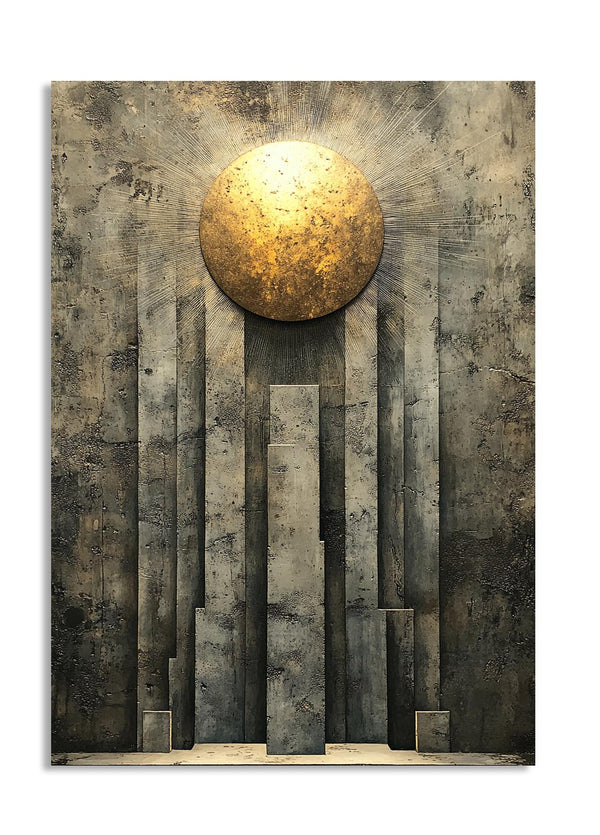 Abstract art piece with a gold circular element and textured gray panels, as a premium aluminum metal print from GoMetalPrint.
