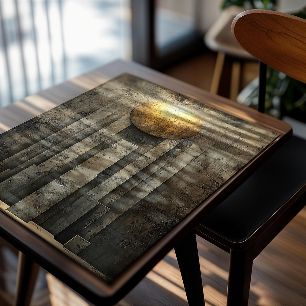 Abstract art piece with a gold circular element and textured gray panels, as a premium aluminum metal print from GoMetalPrint.
