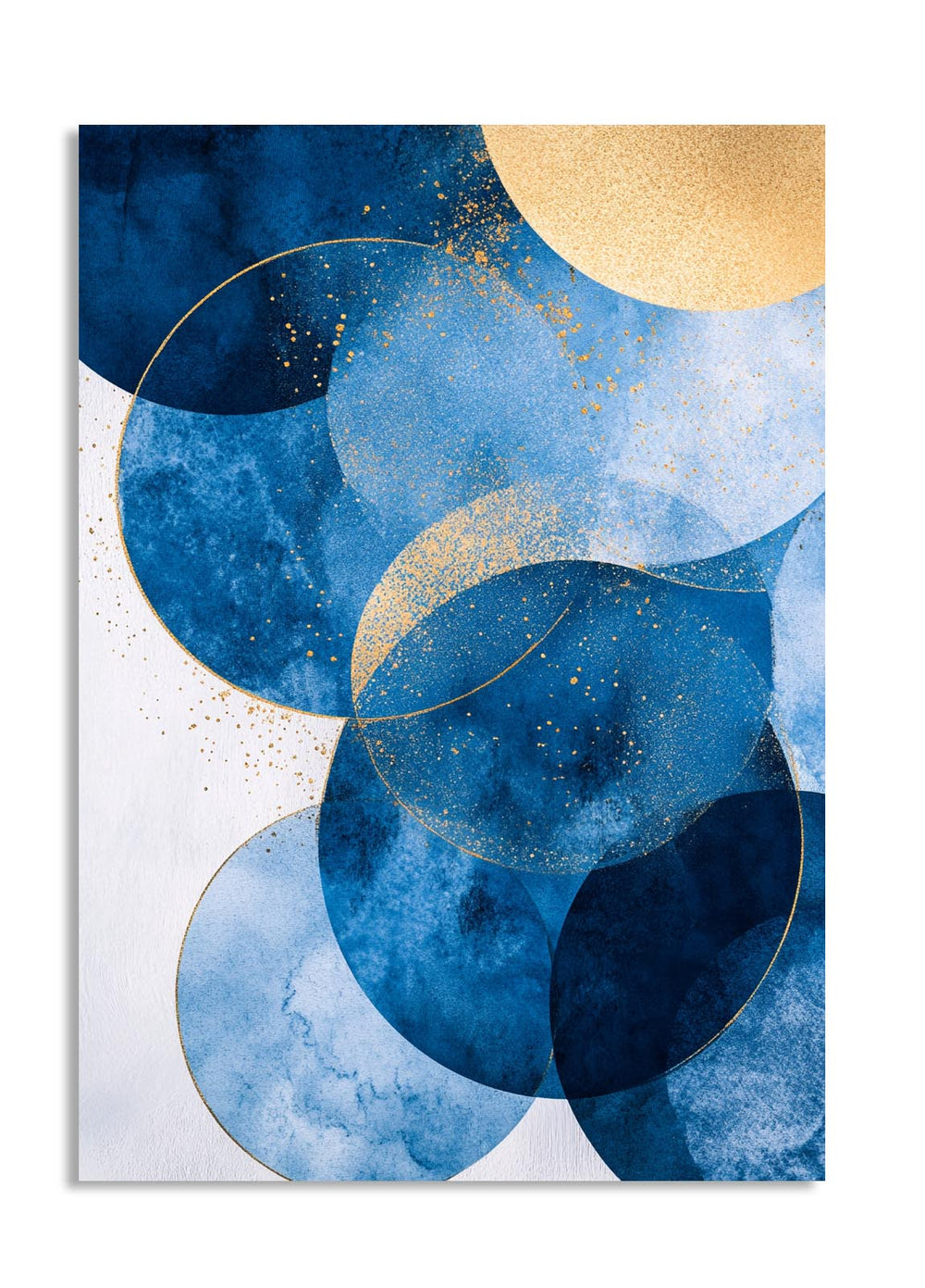 Abstract art print with blue and gold circles on a white background, as a premium aluminum metal print from GoMetalPrint.
