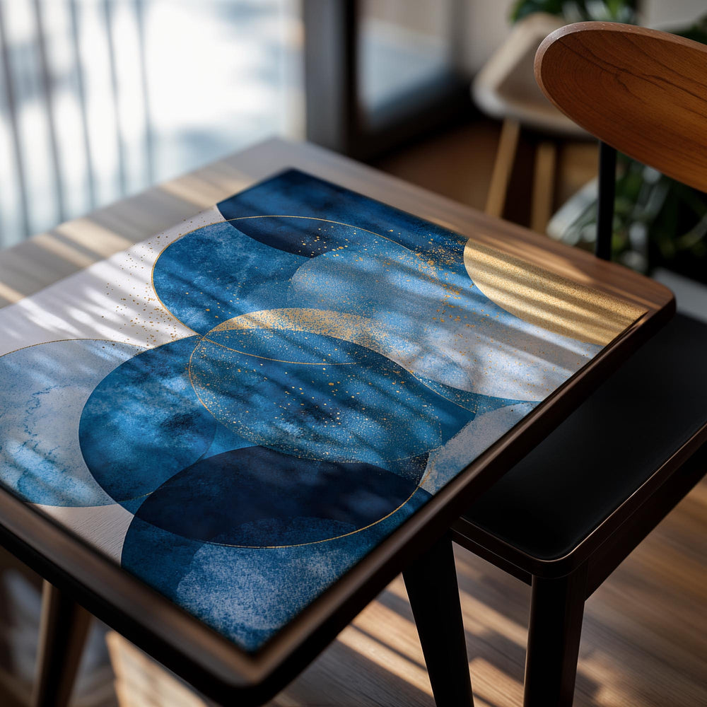 Abstract art print with blue and gold circles on a white background, as a premium aluminum metal print from GoMetalPrint.
