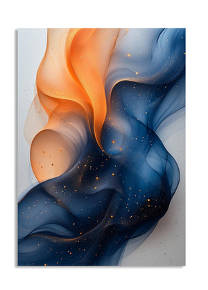 Abstract artwork with wavy blue and orange patterns on a light gray background, as a premium aluminum metal print from GoMetalPrint.
