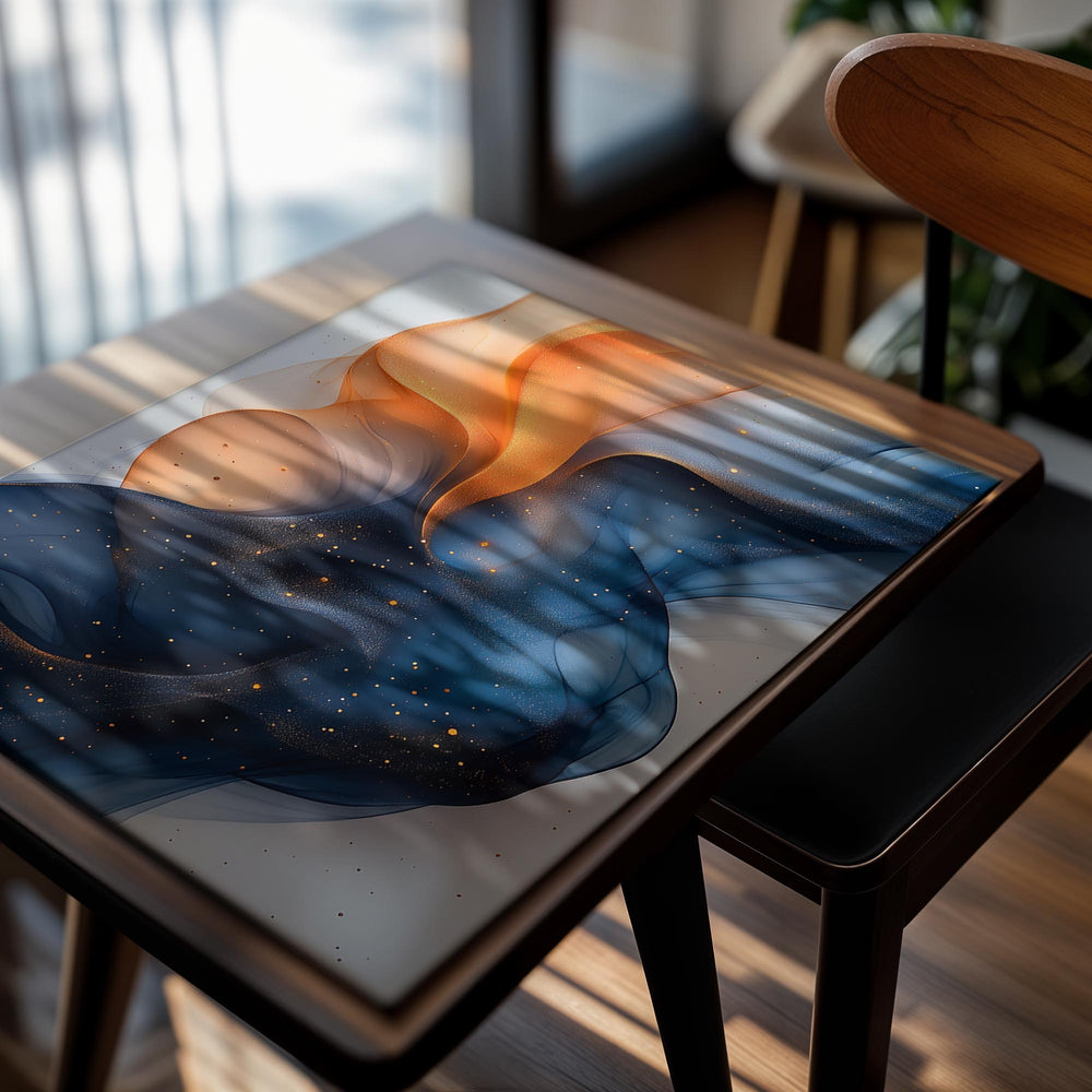 Abstract artwork with wavy blue and orange patterns on a light gray background, as a premium aluminum metal print from GoMetalPrint.
