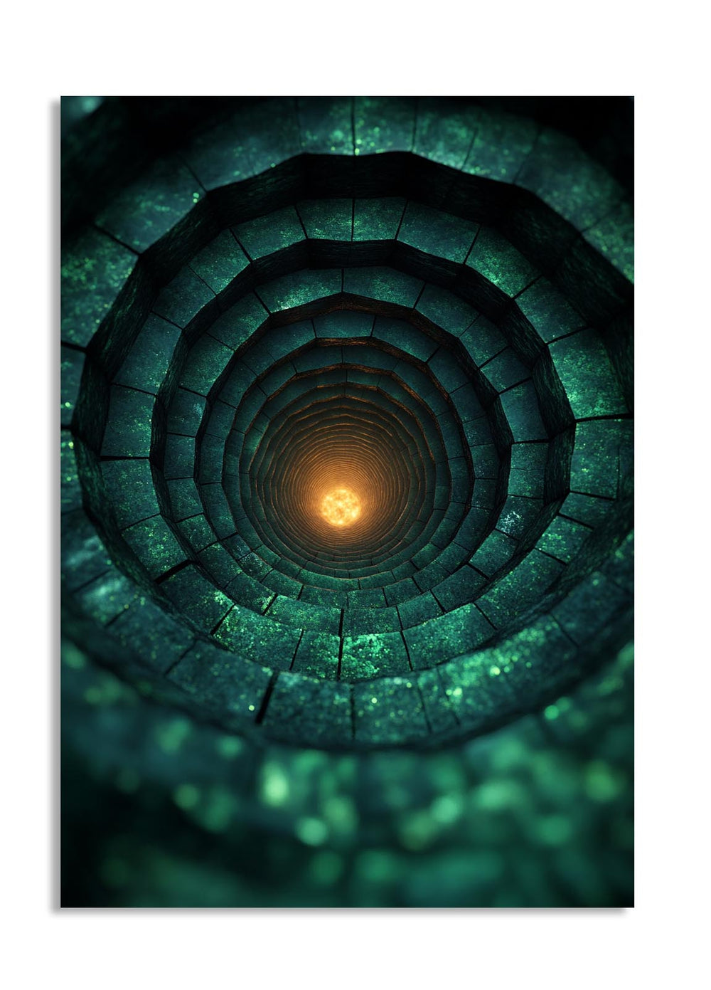 Spiral staircase with glowing light at the center on a dark background, as a premium aluminum metal print from GoMetalPrint.
