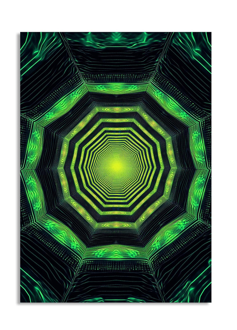 Geometric green and black pattern on a white background, as a premium aluminum metal print from GoMetalPrint.
