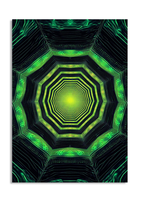 Geometric green and black pattern on a white background, as a premium aluminum metal print from GoMetalPrint.
