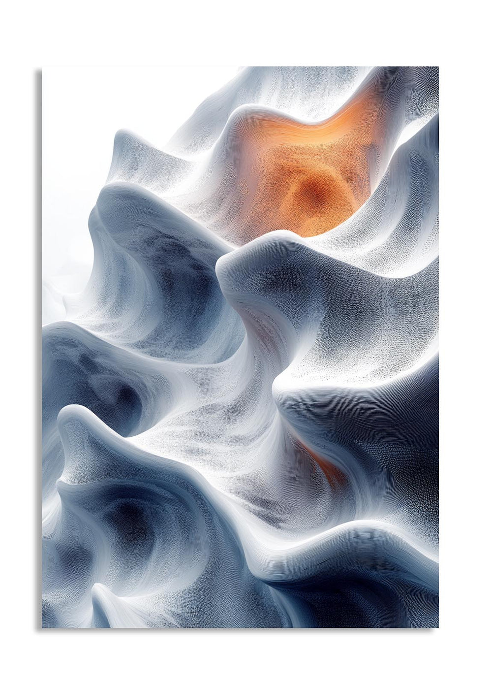 Abstract art piece with wavy patterns in white, blue, and orange on a white background, as a premium aluminum metal print from GoMetalPrint.
