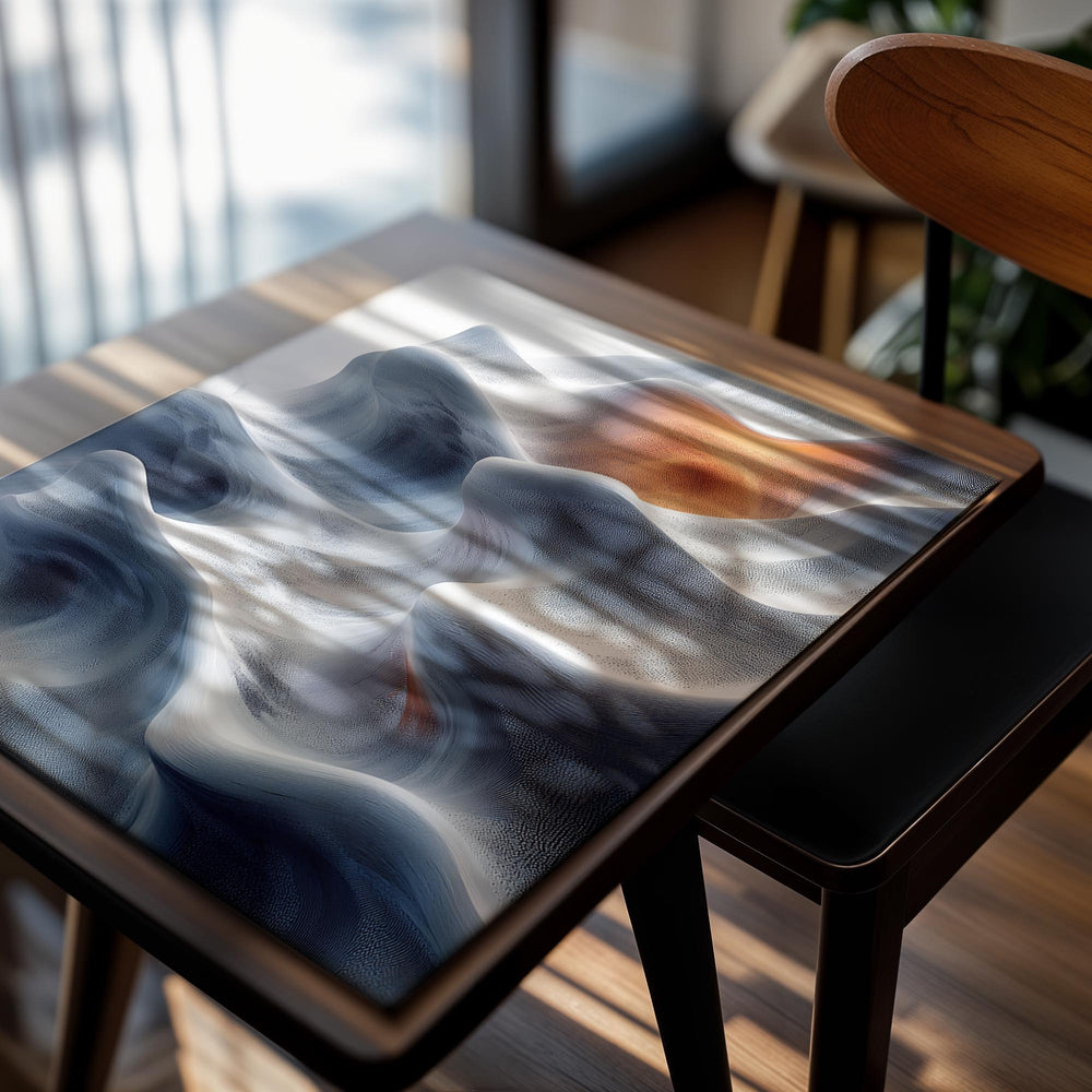 Abstract art piece with wavy patterns in white, blue, and orange on a white background, as a premium aluminum metal print from GoMetalPrint.
