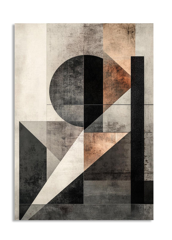 Abstract geometric design with black, brown, and beige shapes on a textured background, as a premium aluminum metal print from GoMetalPrint.
