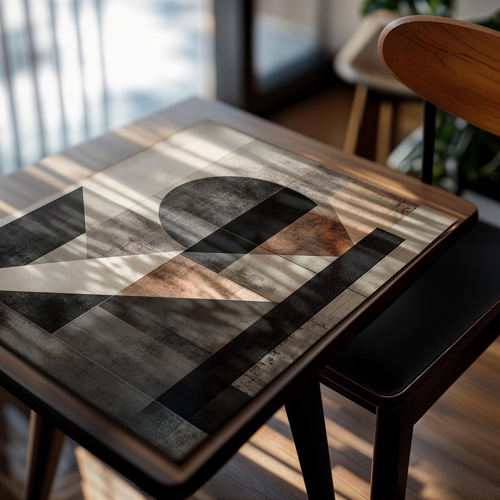 Abstract geometric design with black, brown, and beige shapes on a textured background, as a premium aluminum metal print from GoMetalPrint.
