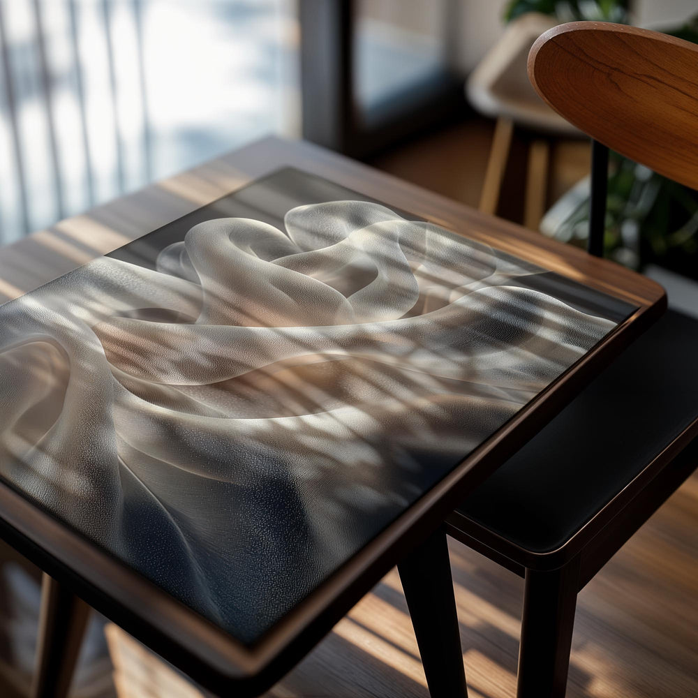 Abstract art piece with wavy, flowing lines in neutral tones on a dark background, as a premium aluminum metal print from GoMetalPrint.
