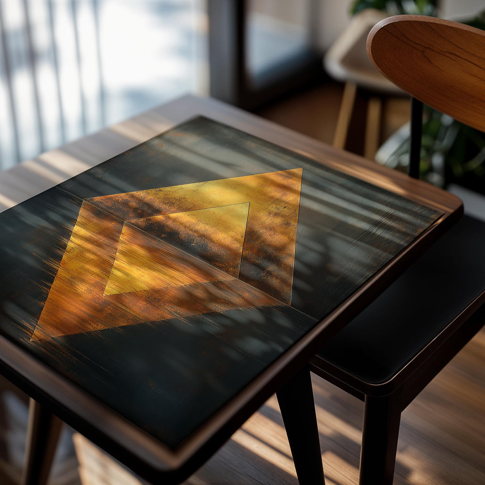 Abstract art piece with a gold triangle on a dark background, as a premium aluminum metal print from GoMetalPrint.
