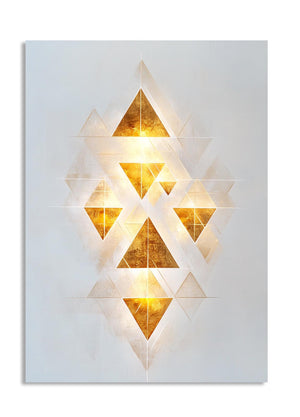 Geometric wall light fixture with gold triangles on a white background, as a premium aluminum metal print from GoMetalPrint.
