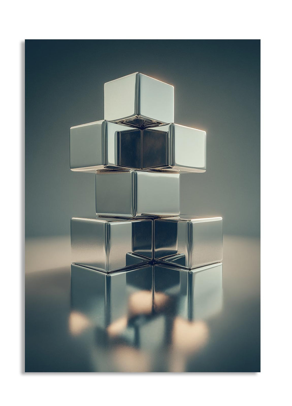 Stack of metallic silver cubes on a reflective surface with a gradient background, as a premium aluminum metal print from GoMetalPrint.
