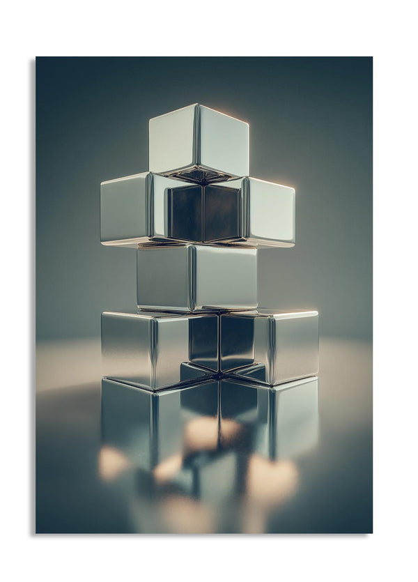 Stack of metallic silver cubes on a reflective surface with a gradient background, as a premium aluminum metal print from GoMetalPrint.
