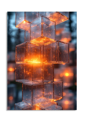 Stack of transparent glass cubes with glowing orange light against a blurred background, as a premium aluminum metal print from GoMetalPrint.
